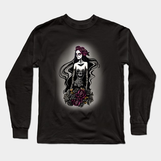 Lady skull, sugar skull, dark, catrina, skeletons lovers, cool skulls, bones, gothic floral lady Long Sleeve T-Shirt by Collagedream